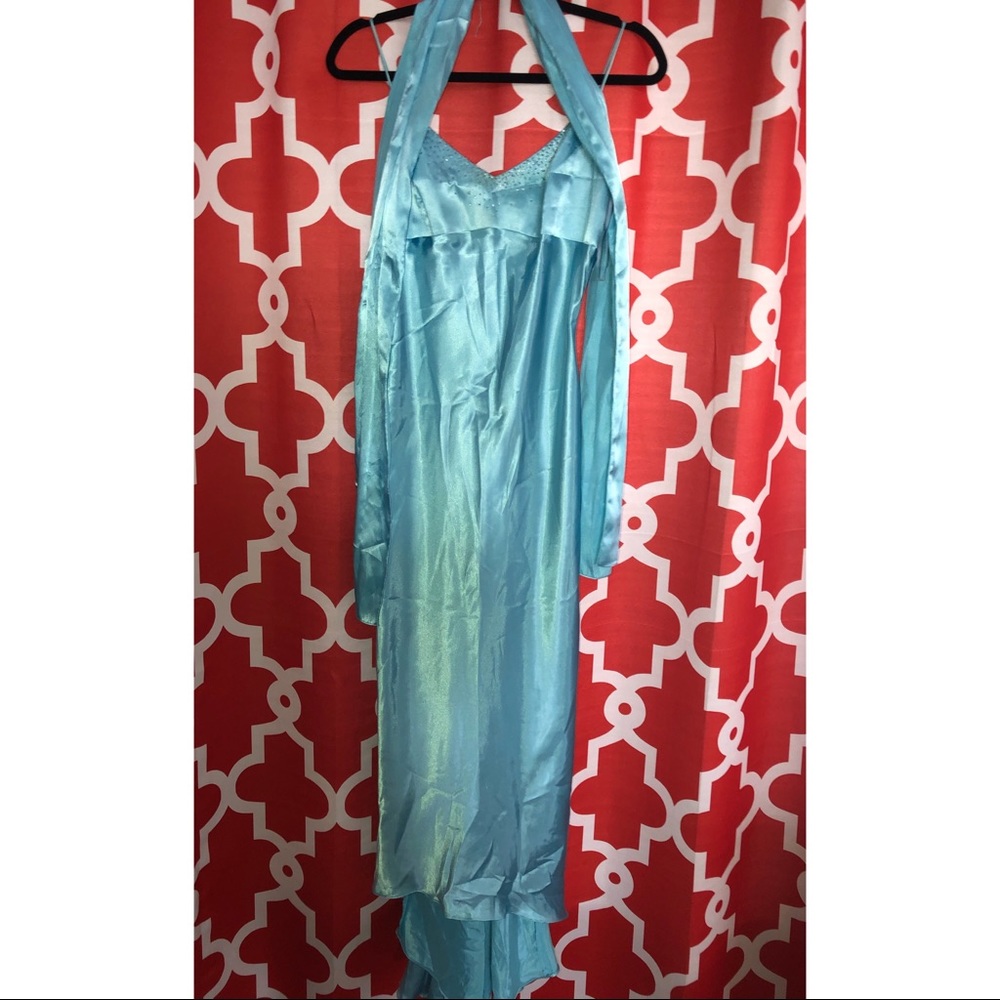 Light blue silk dress.
